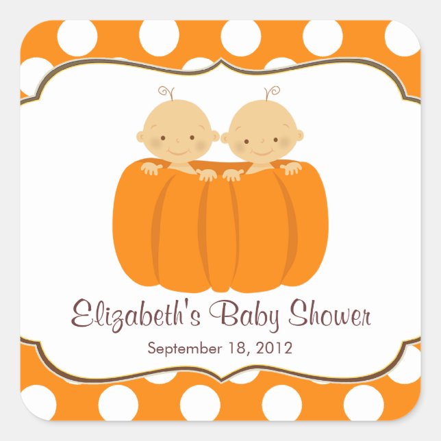 Niedliche Twin Boys Pumpkin Baby Shower Square Sti Quadratischer Aufkleber (Vorderseite)