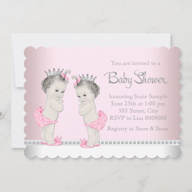 Niedliche Twin Girl Baby Dusche Einladung (Vorderseite)