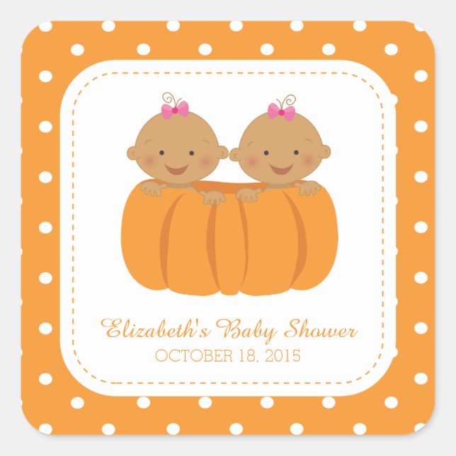 Niedliche Twin Girl Pumpkin Baby Shower Square Sti Quadratischer Aufkleber (Vorderseite)