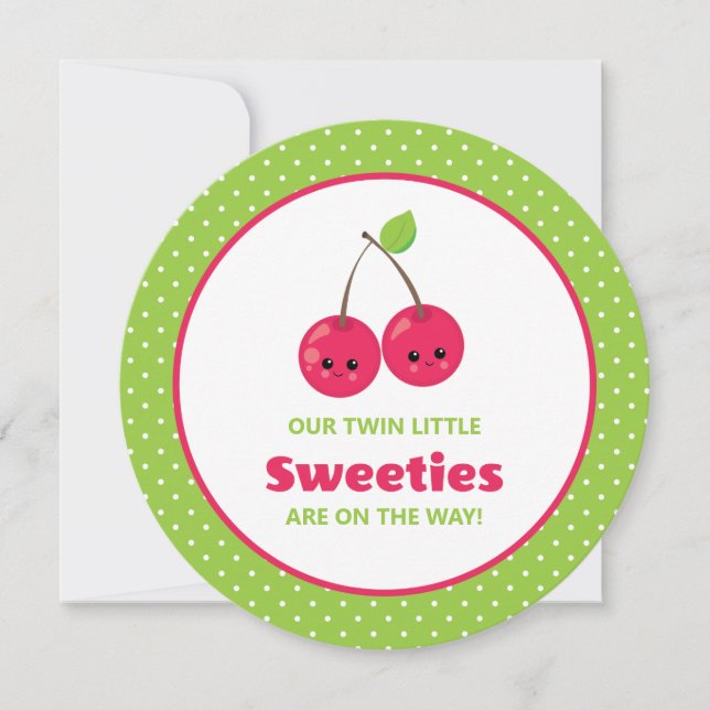 Niedliche Twin Little Sweeties Cherries Babydusche Einladung (Vorderseite)