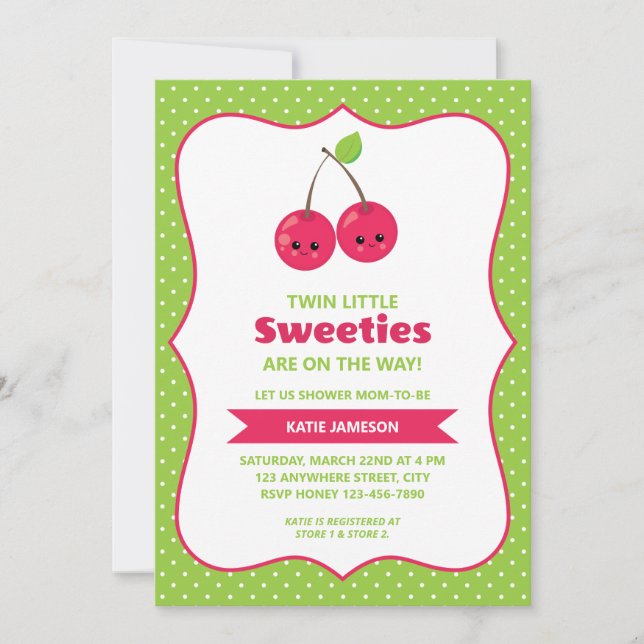 Niedliche Twin Little Sweeties Cherries Babydusche Einladung (Vorderseite)