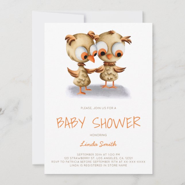 Niedliche Twin Owls Babydusche Einladung (Vorderseite)