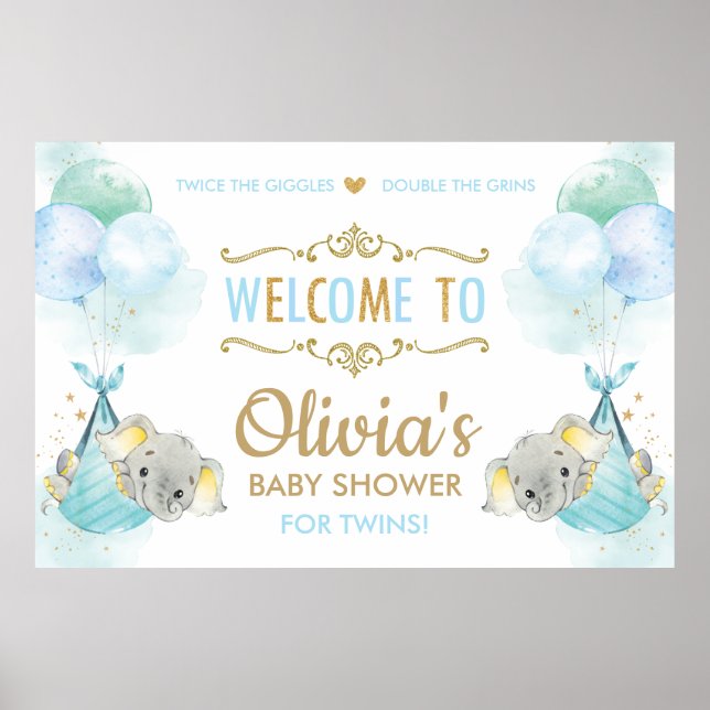 Niedliche Twins Boys Elephants Babydusche Begrüßun Poster (Vorne)