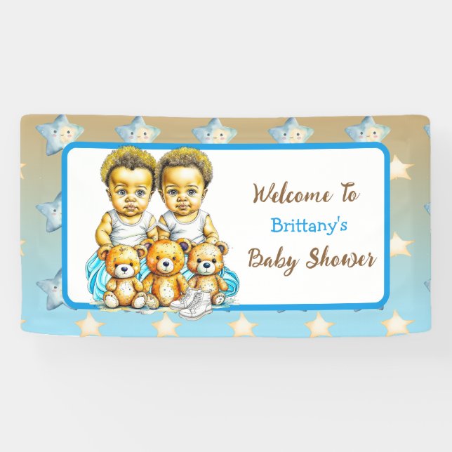 Niedliche Twins farbige Baby Boys Baby Shower Leck Banner (Horizontal)