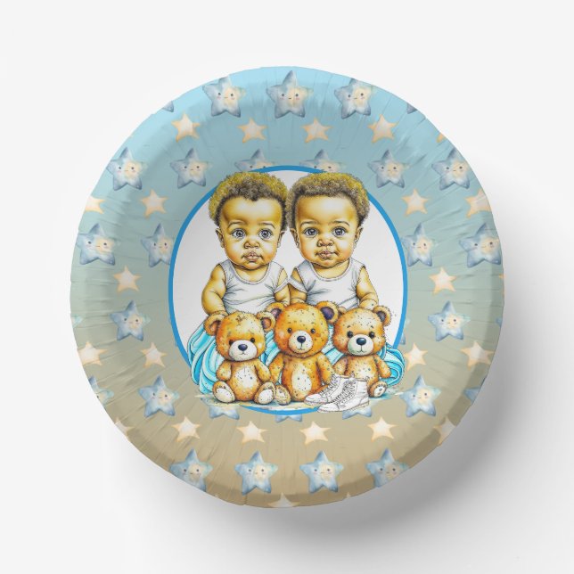 Niedliche Twins farbige Baby Boys Baby Shower Leck Pappteller (Vorderseite)