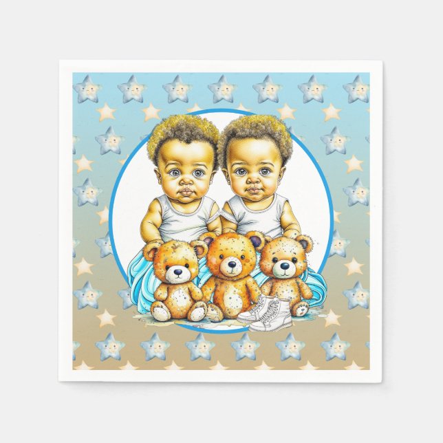 Niedliche Twins farbige Baby Boys Baby Shower Leck Serviette (Vorderseite)