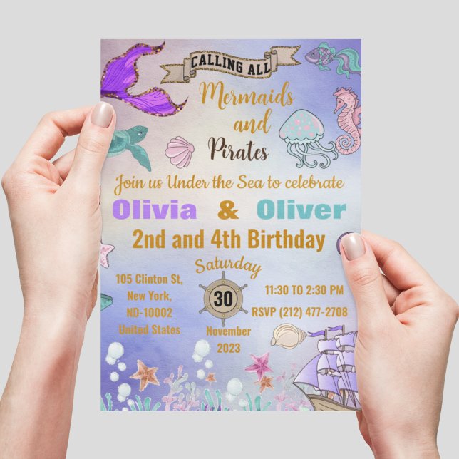 Niedliche Twins Mermaids und Pirates Birthday Part Einladung (Von Creator hochgeladen)