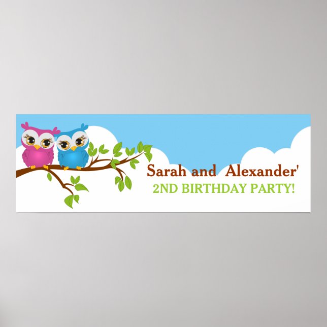 Niedliche Twins Owls auf Branch Girl Boy Birthday  Poster (Vorne)