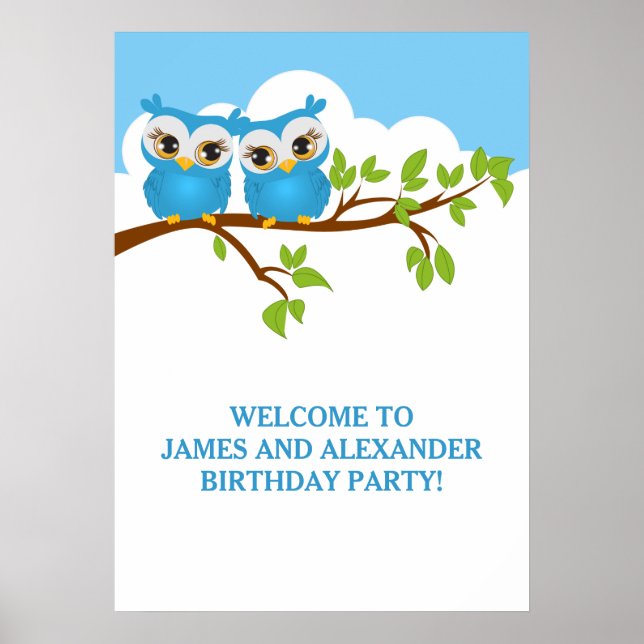 Niedliche Twins Owls auf Zweigstellen-Jungs Geburt Poster (Vorne)