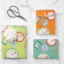 Niedliche Uhren und Blume Party Geschenkpapier Set