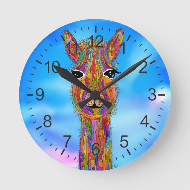 Niedliche und bunte Lama-Uhr Runde Wanduhr (Vorderseite)