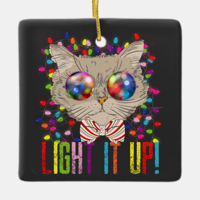 Niedliche und Coole Weihnachtskatze mit Lichtern & Keramikornament (Vorderseite)