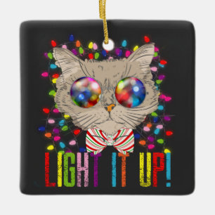Niedliche und coole Weihnachtskatze mit Lichtern u Keramikornament