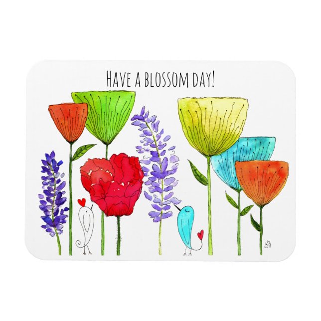 Niedliche und farbenfrohe Blume und ein Vogelmagne Magnet (Horizontal)