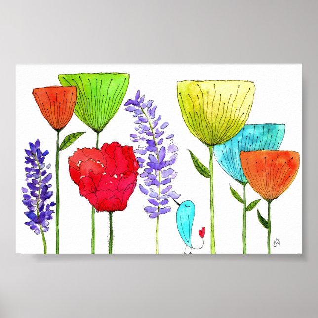 Niedliche und farbenfrohe Blume und ein Vogelposte Poster (Vorne)