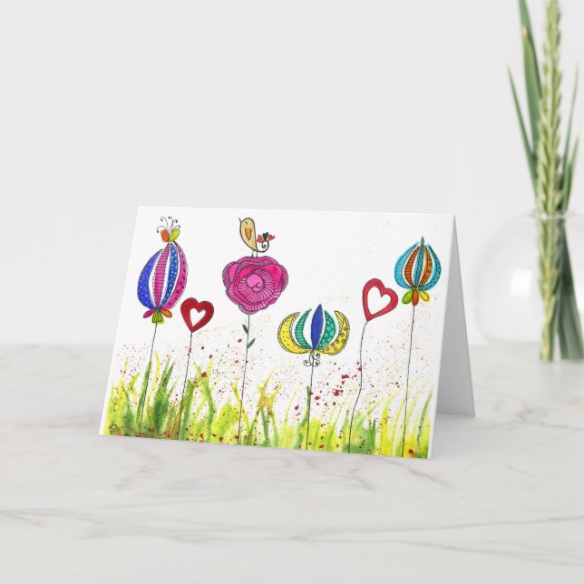 Niedliche und farbenfrohe Blume und Vogelgrippe Karte (Vorderseite)