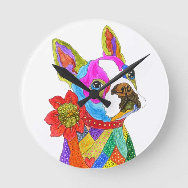 Niedliche und farbenfrohe Boston Terrier Clock Runde Wanduhr (Vorderseite)
