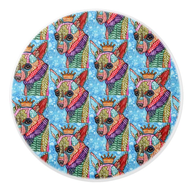 Niedliche und farbenfrohe Chihuahua Pop Art Keramikknauf (Vorderseite)