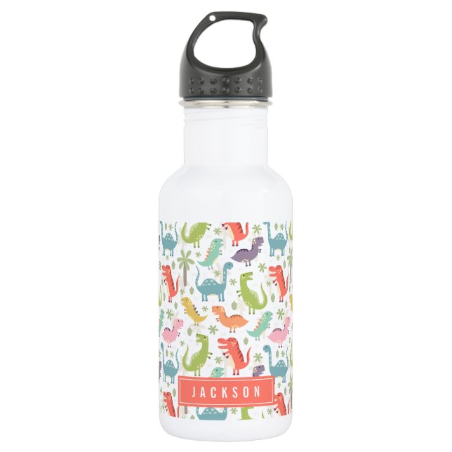 Niedliche und farbenfrohe Coral Dinosaurier Muster Edelstahlflasche (Vorderseite)