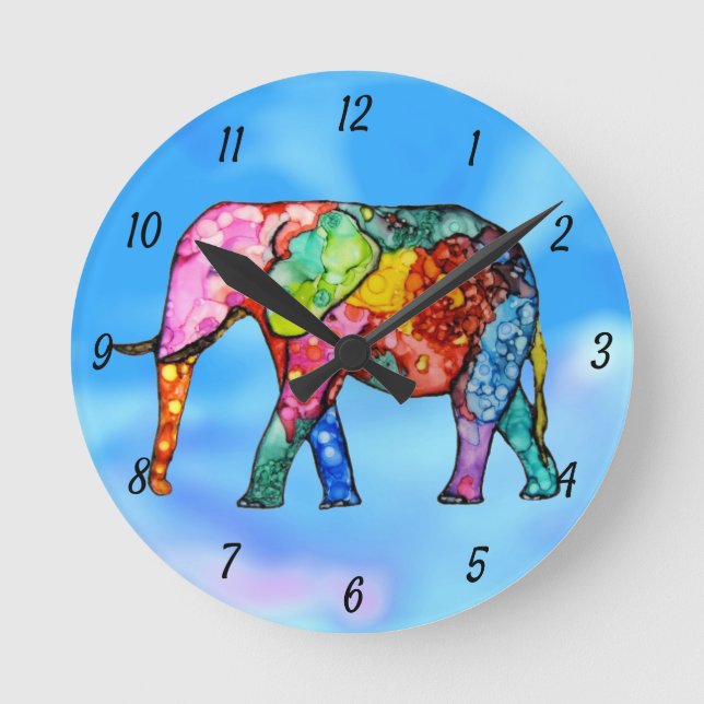Niedliche und farbenfrohe Elefantenuhr Runde Wanduhr (Vorderseite)