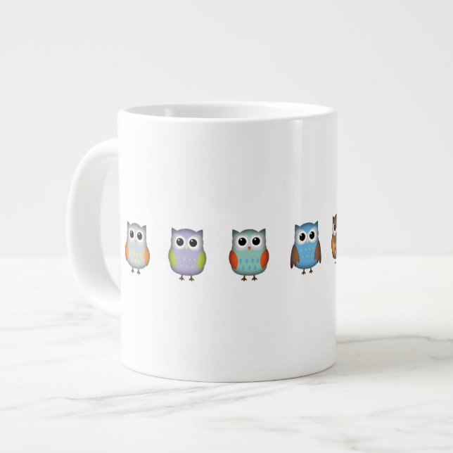 Niedliche und farbenfrohe Eulen Jumbo-Tasse (Vorderseite Links)
