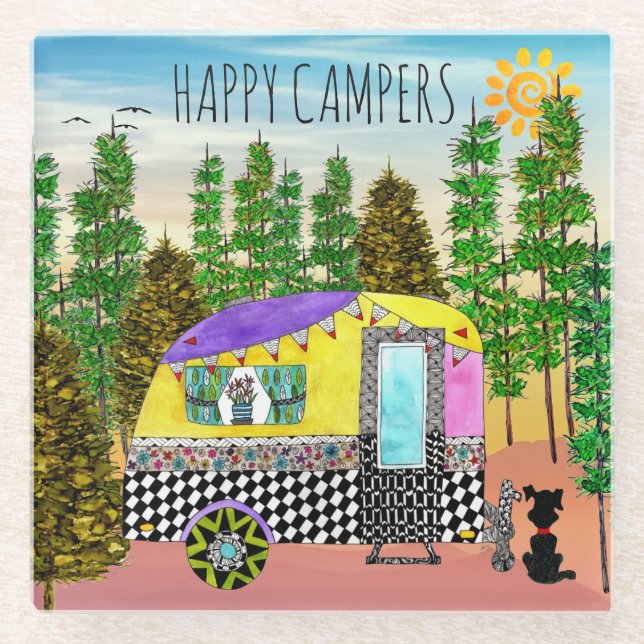Niedliche und farbenfrohe Happy Camper Trivet Glasuntersetzer (Vorderseite)