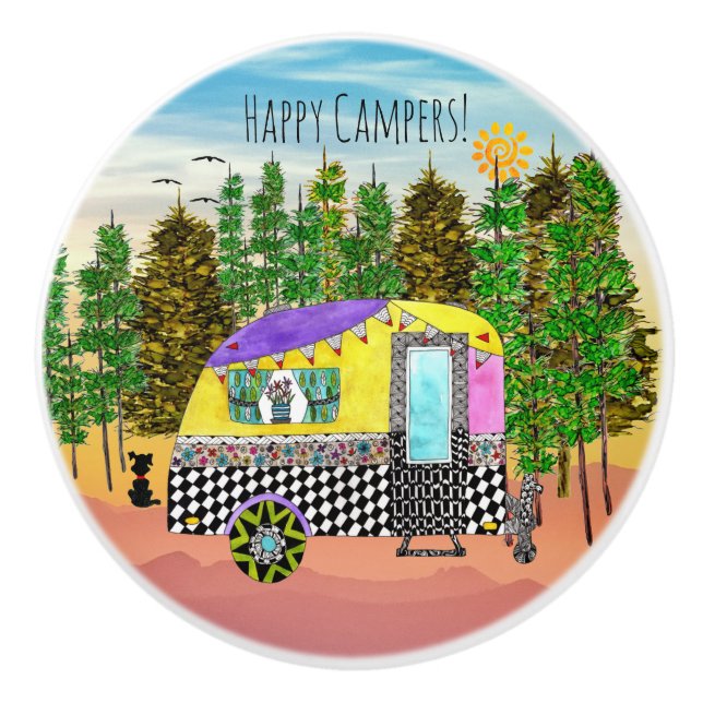 Niedliche und farbenfrohe Happy Campers Keramikknauf (Vorderseite)
