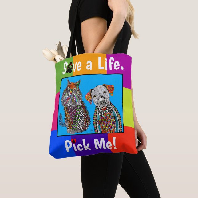 Niedliche und farbenfrohe Hunde und Katze Adoption Tasche (Von Nahem)