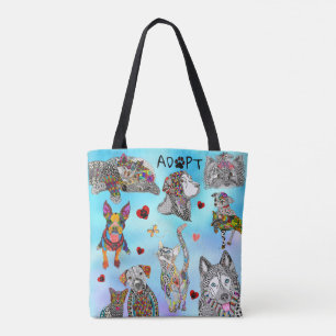 Niedliche und farbenfrohe Hunde und Katzen Adoptio Tasche