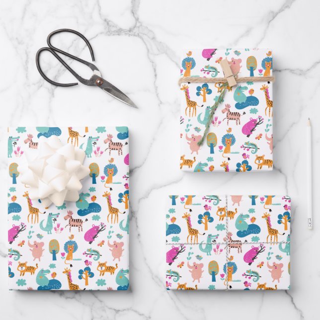 Niedliche und farbenfrohe Jungtiermuster Geschenkpapier Set (Vorderseite)