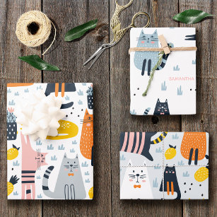 Niedliche und farbenfrohe Katzen Muster Mit Monogr Geschenkpapier Set