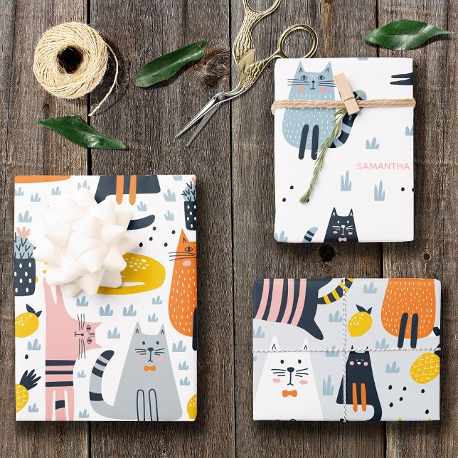 Niedliche und farbenfrohe Katzen Muster Mit Monogr Geschenkpapier Set (Von Creator hochgeladen)