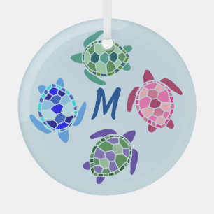 Niedliche und farbenfrohe Meeresschildkröten-Monog Ornament Aus Glas