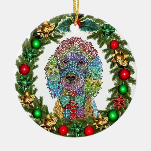 Niedliche und farbenfrohe Poodle Goldendoodle Keramik Ornament (Vorne)