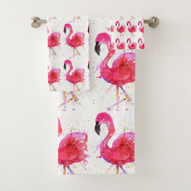 Niedliche und farbenfrohe rosa Flamingo Badezimmer Badhandtuch Set (Insitu)