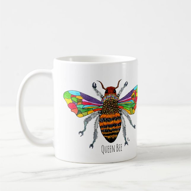 Niedliche und farbenfrohe Tasse der Bienenkönigin (Links)