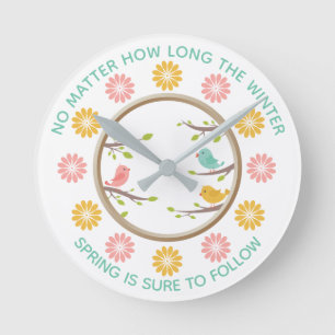 Niedliche und farbenfrohe Vögel & Blume Springtime Runde Wanduhr