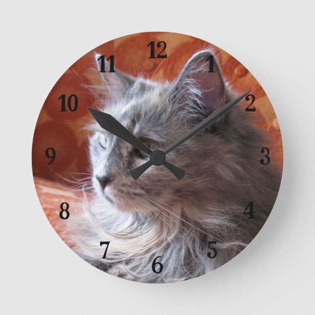 Niedliche und fließende graue Cat Round Clock Runde Wanduhr (Vorderseite)