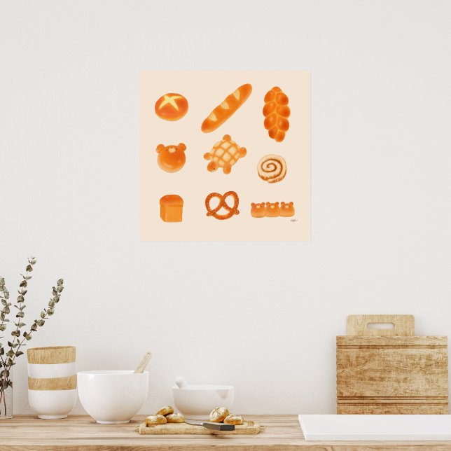 Niedliche und flüssige Brotwalzen und Tierbäckerei Poster (Küche)