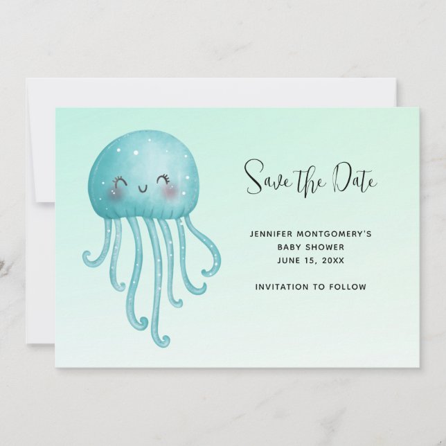Niedliche und glückliche Blue-Green Jellyfish Baby Save The Date (Vorderseite)