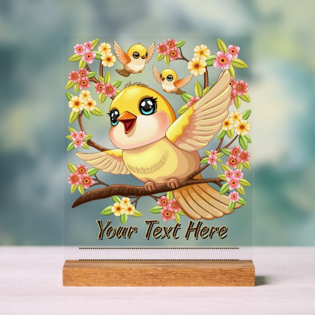Niedliche und glückliche Vögel unter Frühlingsblum Acrylschild (Neutral)