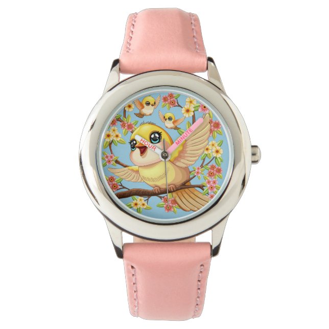 Niedliche und glückliche Vögel unter Frühlingsblum Armbanduhr (Vorderseite)