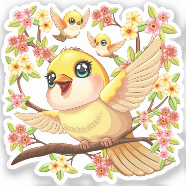 Niedliche und glückliche Vögel unter Frühlingsblum Aufkleber (Vorderseite)