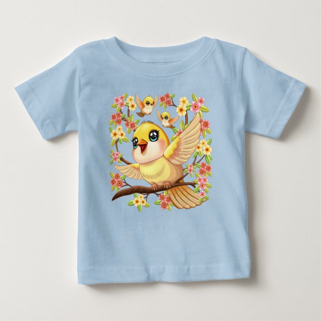 Niedliche und glückliche Vögel unter Frühlingsblum Baby T-shirt (Vorderseite)
