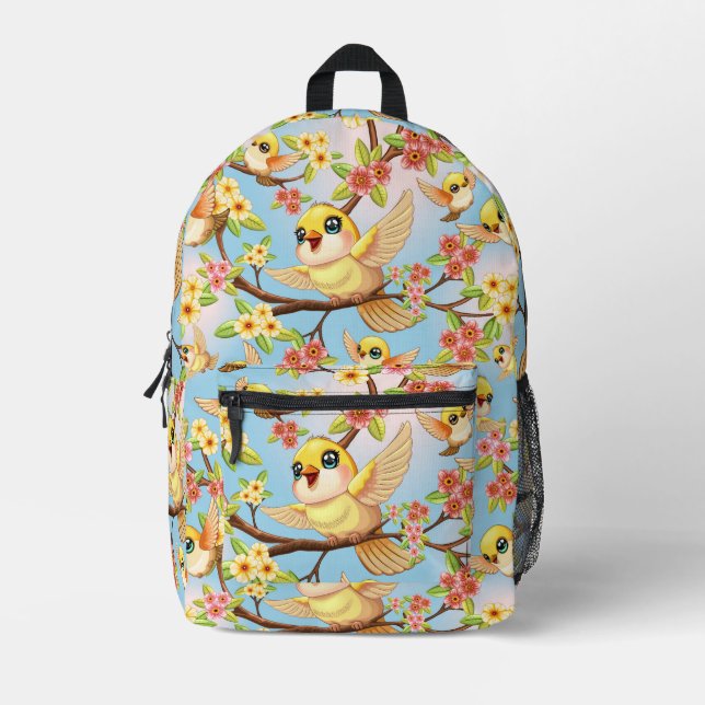 Niedliche und glückliche Vögel unter Frühlingsblum Bedruckter Rucksack (Vorderseite)