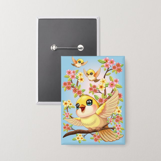 Niedliche und glückliche Vögel unter Frühlingsblum Button (Vorderseite/Rückseite)