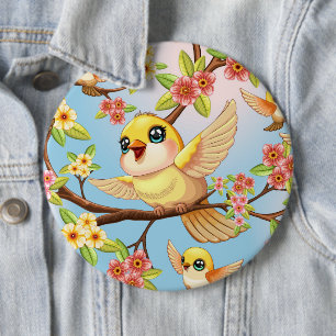 Niedliche und glückliche Vögel unter Frühlingsblum Button