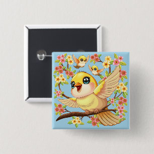 Niedliche und glückliche Vögel unter Frühlingsblum Button