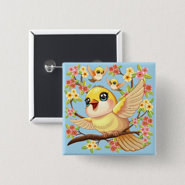 Niedliche und glückliche Vögel unter Frühlingsblum Button (Vorne & Hinten)