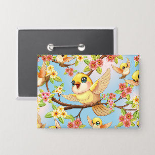 Niedliche und glückliche Vögel unter Frühlingsblum Button